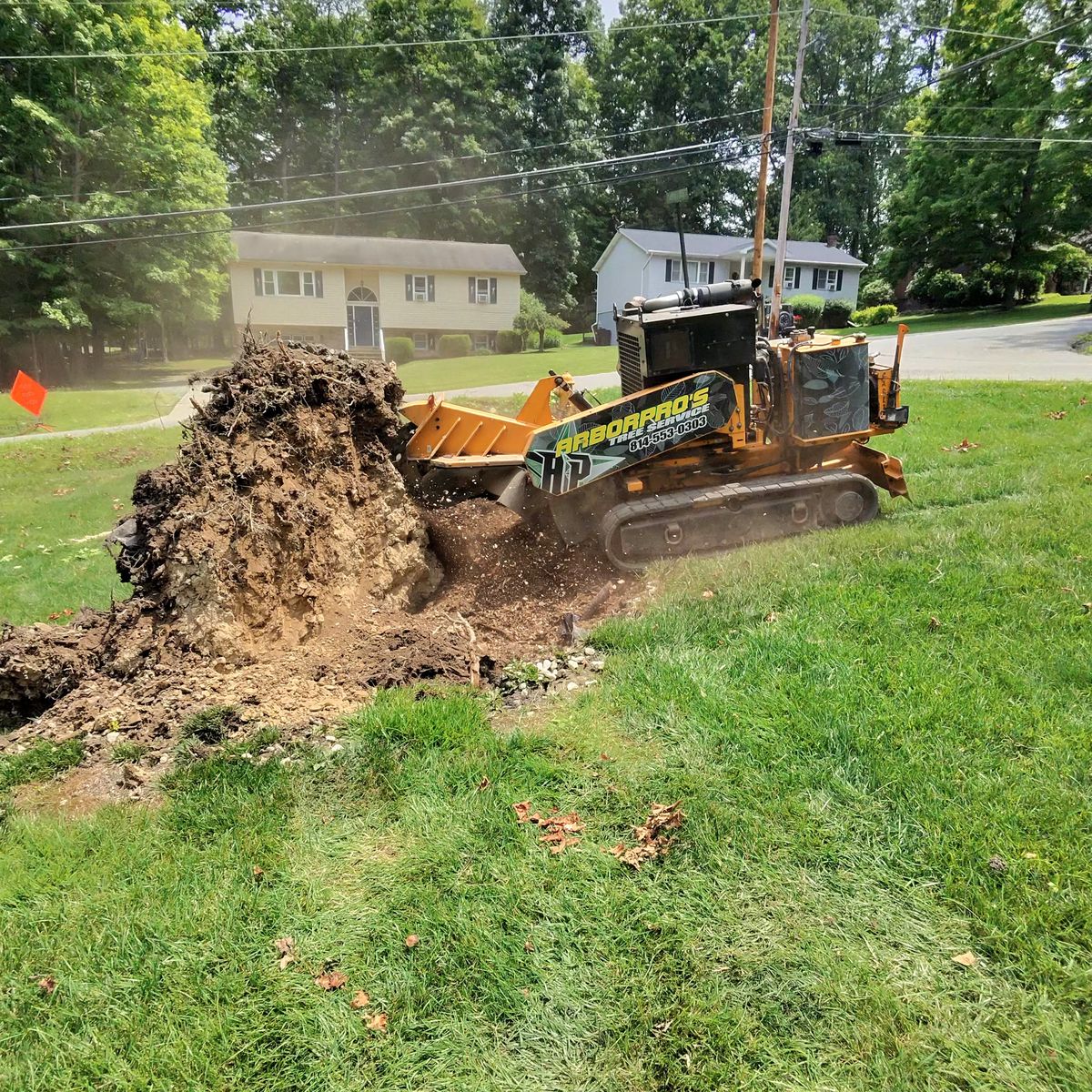 Stump grinder working on an uprooted stump